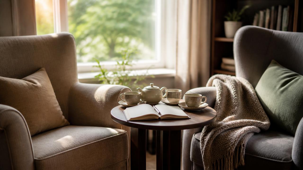 Two armchairs and a table holding symbols of important conversation topics