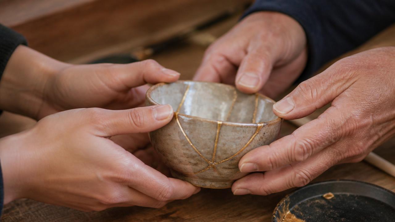 A man and a woman repair a cracked mosaic together with golden seams